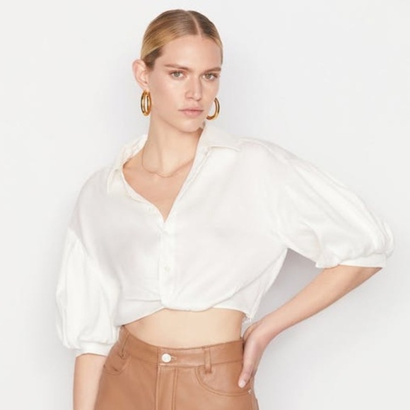 Frame Voluminous Twist Blouse White Cream Linen Puff Sleeve Size Large - Picture 4 of 16